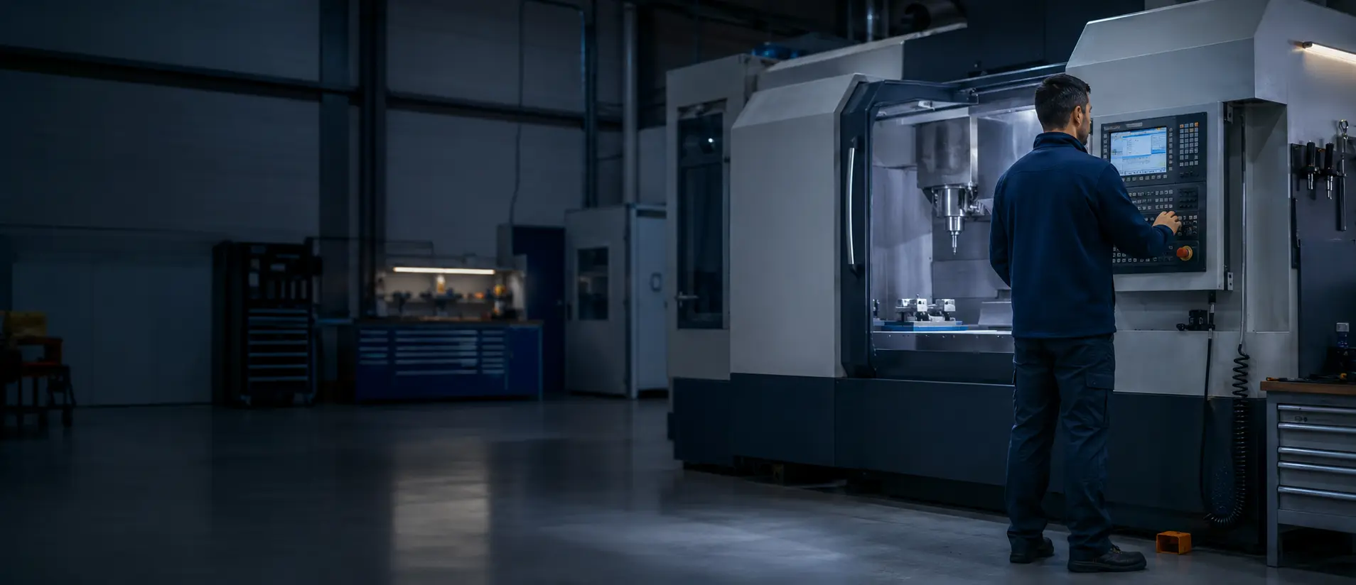 Technicien UNITEK devant un centre d’usinage CNC dans un atelier industriel